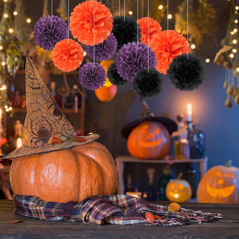 Zankubom 18 PCS Tissue Paper Pom Poms, Tissue Pom Poms Flowers, Sizes of 6", 10", 12", 14" Hanging Paper Flower Ball for Wedding, Birthday, Halloween, Party Decor (Black Orange Purple) - Image 3