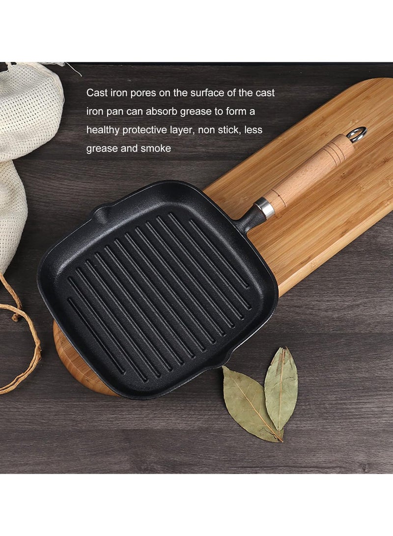 GGOOT Grill Pan, 7.1Inch Non Stick Cast Iron Grill Pan, Multipurpose Double Spout Iron Grill Pan with Wooden Handle Easy to Clean for Gas, Ceramic, Electric, Halogen Or Induction Stoves - Image 3