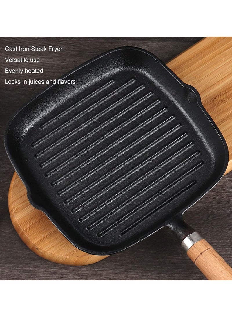 GGOOT Grill Pan, 7.1Inch Non Stick Cast Iron Grill Pan, Multipurpose Double Spout Iron Grill Pan with Wooden Handle Easy to Clean for Gas, Ceramic, Electric, Halogen Or Induction Stoves - Image 2