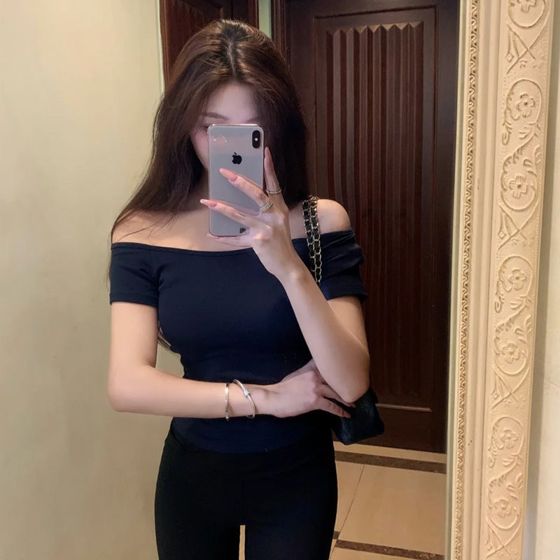 Ram Cotton Design Off-The-Shoulder Top T-Shirt With Off-Shoulder Asymmetrical Slim-Fit Slim-Fit Short-Sleeve Base Shirt - Image 3