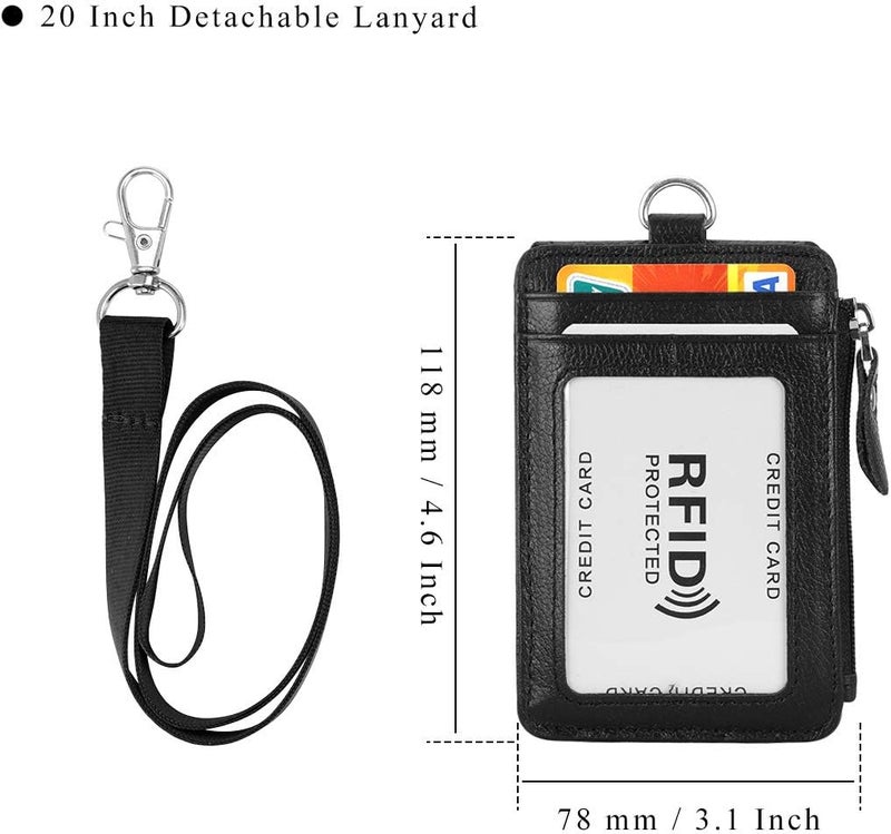 HAWEE حامل شارة بسحاب من الجلد الطبيعي مع تقنية RFID، محفظة سلسلة مفاتيح، حبال رقبة مع خطاف دوار للبطاقات/العملات/النقود، أسود - Image 4