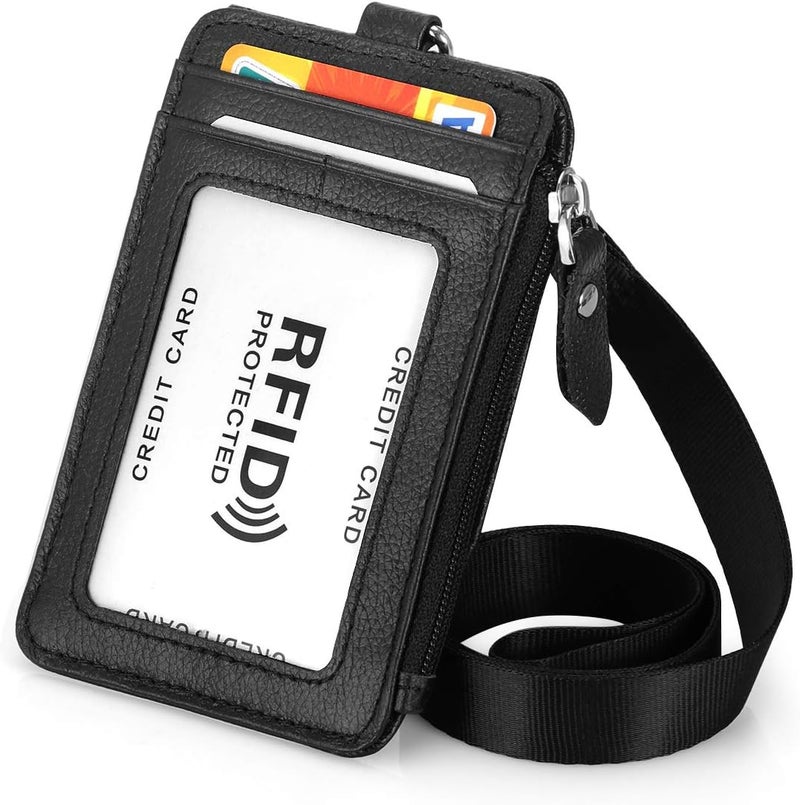 HAWEE حامل شارة بسحاب من الجلد الطبيعي مع تقنية RFID، محفظة سلسلة مفاتيح، حبال رقبة مع خطاف دوار للبطاقات/العملات/النقود، أسود - Image 1