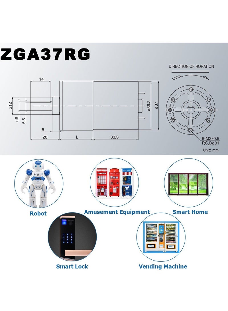 DC 12V 30RPM Gear Motor, High Torque Electric Micro Speed Reduction Geared Motor, Motor Centric Output Shaft 37mm Diameter Gearbox (1Pcs) - Image 2
