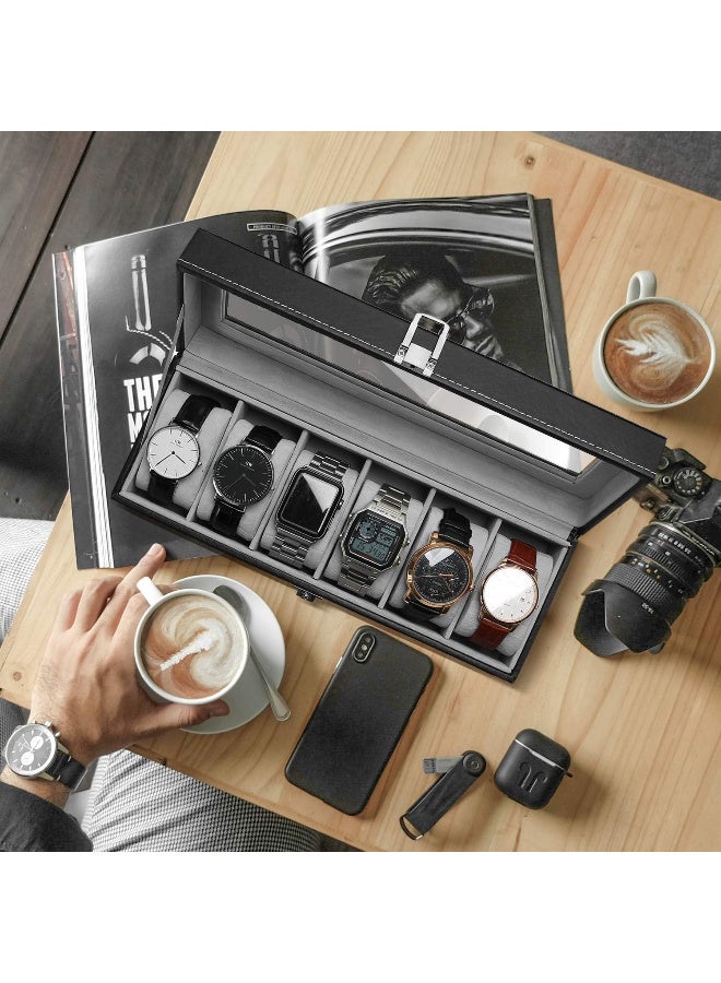 High-quality men's leather jewelry box with 6 compartments for storing watches and jewelry, black color - Image 5