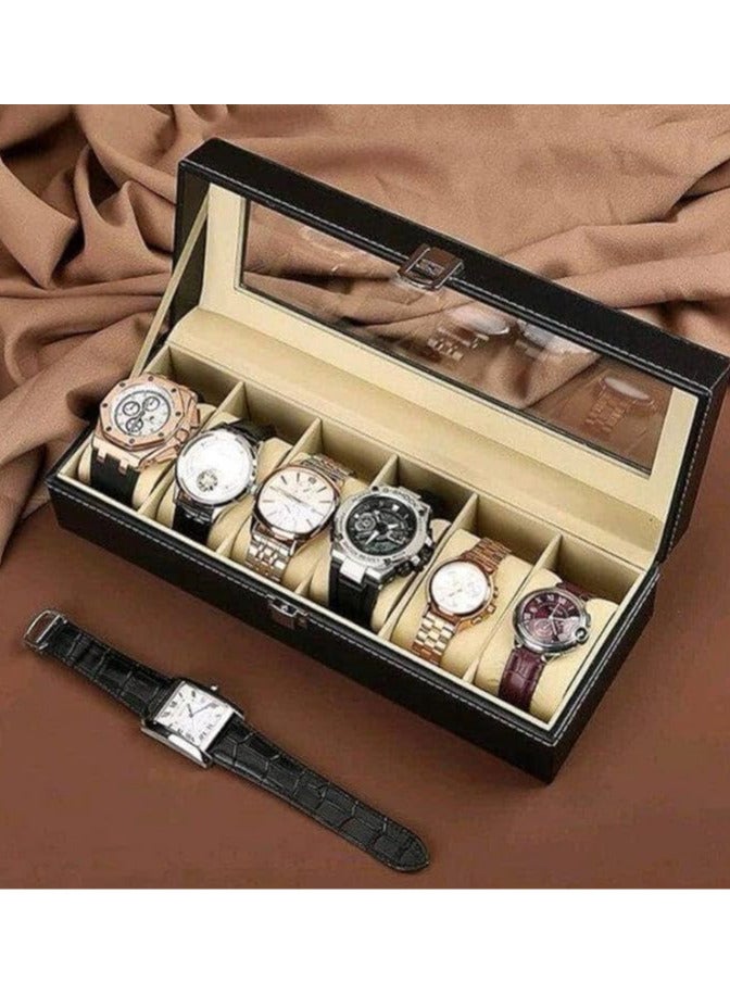 High-quality men's leather jewelry box with 6 compartments for storing watches and jewelry, black color - Image 3