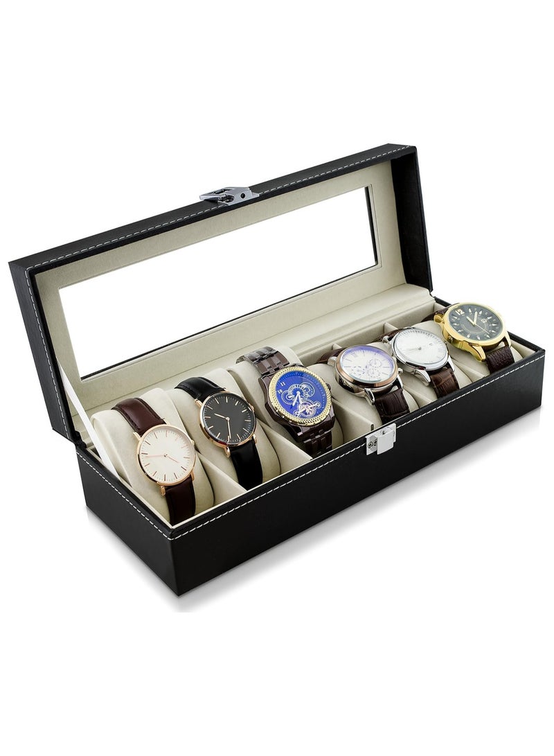 High-quality men's leather jewelry box with 6 compartments for storing watches and jewelry, black color - Image 1