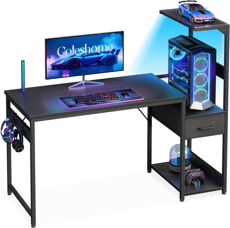 Coleshome 120×48 cm Gaming Desk with LED Lights, Reversible Computer Desk with Drawers & Display Shelves, Gaming Table with Headphone Hook, Carbon Fiber Black - Image 1