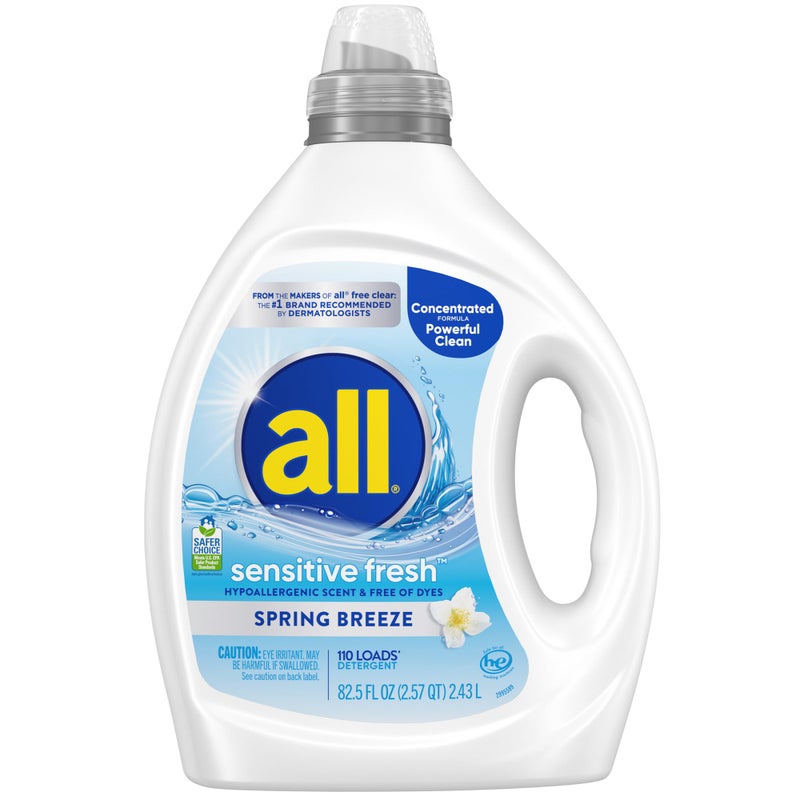 all sensitive freshâ„¢, Spring Breeze, Scented Liquid Laundry Detergent for Sensitive Skin, Hypoallergenic, Free of Dyes, Concentrated, 82.5oz, 110 Loads - Image 1