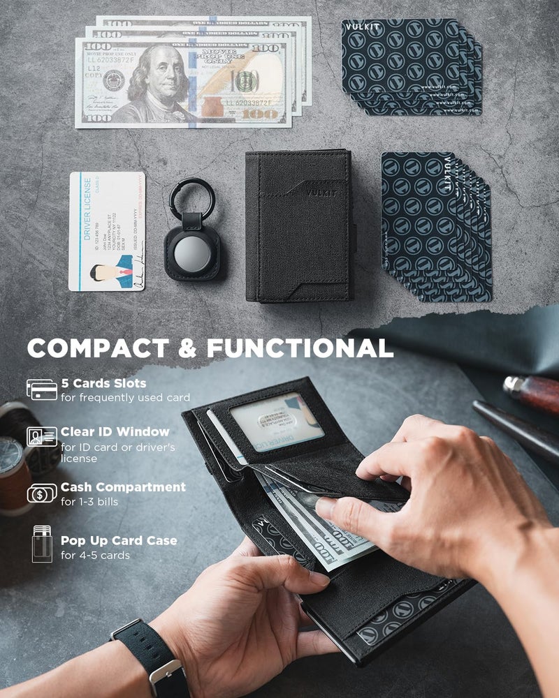 VULKIT Airtag Wallet with Keyring Mens Pop up Credit Card Wallet with Air Tag Holder Trifold ID Window RFID Blockingï¼ˆBlackï¼‰ - Image 3