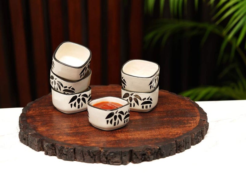 Freakway Handpainted Floral Studio Pottery Ceramic Chutney Bowl Set (40 ML, Small, Set of 6, Black and Off White) - Image 1
