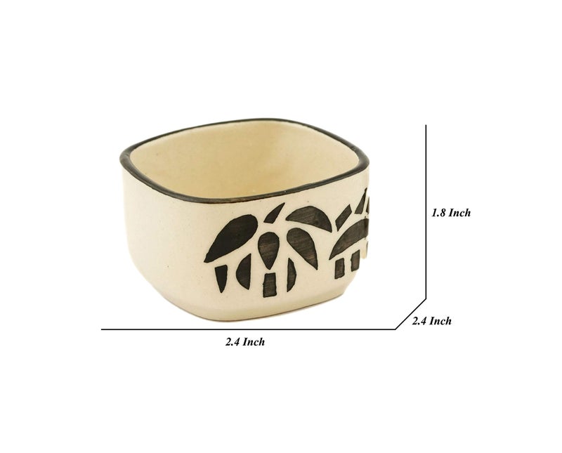 Freakway Handpainted Floral Studio Pottery Ceramic Chutney Bowl Set (40 ML, Small, Set of 6, Black and Off White) - Image 5