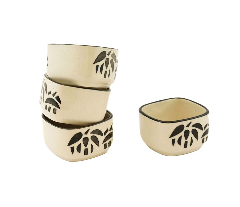 Freakway Handpainted Floral Studio Pottery Ceramic Chutney Bowl Set (40 ML, Small, Set of 6, Black and Off White) - Image 3