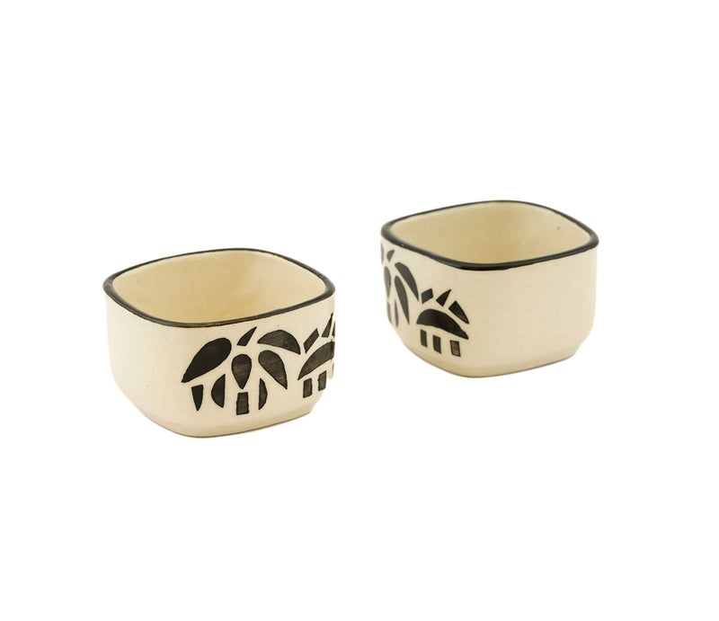 Freakway Handpainted Floral Studio Pottery Ceramic Chutney Bowl Set (40 ML, Small, Set of 6, Black and Off White) - Image 4