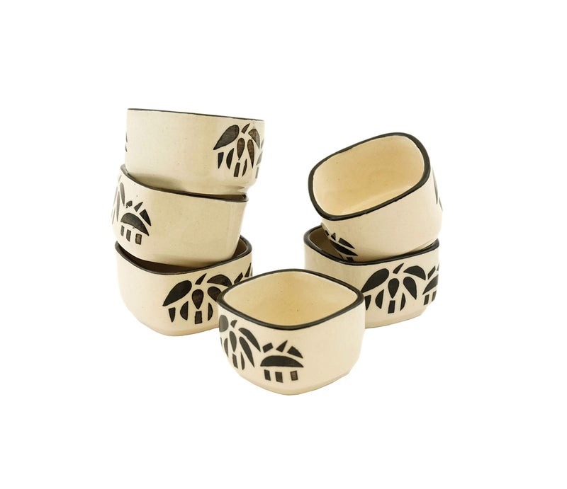Freakway Handpainted Floral Studio Pottery Ceramic Chutney Bowl Set (40 ML, Small, Set of 6, Black and Off White) - Image 2