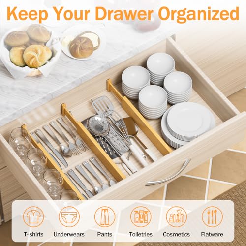 BAMBUROBA Bamboo Drawer Dividers, Adjustable Kitchen Drawer Organizer for Clothes,17-22" Expandable Drawer Organization Separators for Bedroom,Bathroom,Dresser and Office,4-Pack - Image 2