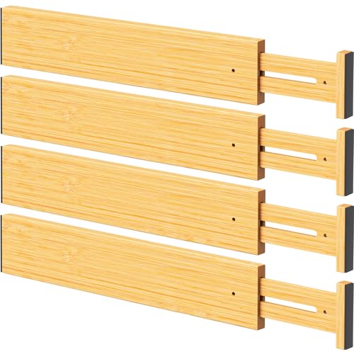 BAMBUROBA Bamboo Drawer Dividers, Adjustable Kitchen Drawer Organizer for Clothes,17-22" Expandable Drawer Organization Separators for Bedroom,Bathroom,Dresser and Office,4-Pack - Image 1