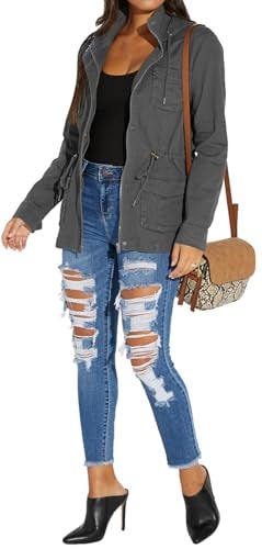 sexycherry Casual Grey Jacket for women Long Sleeve Hooded Full Zip Up Outwear Coat With Zipper Button Pockets Drawstrings(Large) - Image 3