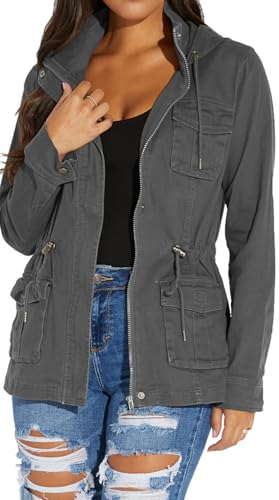 sexycherry Casual Grey Jacket for women Long Sleeve Hooded Full Zip Up Outwear Coat With Zipper Button Pockets Drawstrings(Large) - Image 1