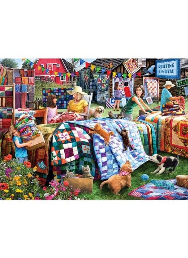 Bits and Pieces 300 Piece Jigsaw Puzzle For Adults 18" X 24" Quilting Festival 300 Pc Farm Cat Dog Kitten Puppy Family Quilt Blanket Flower Country Jigsaw By Artist Larry Jones  - Image 1