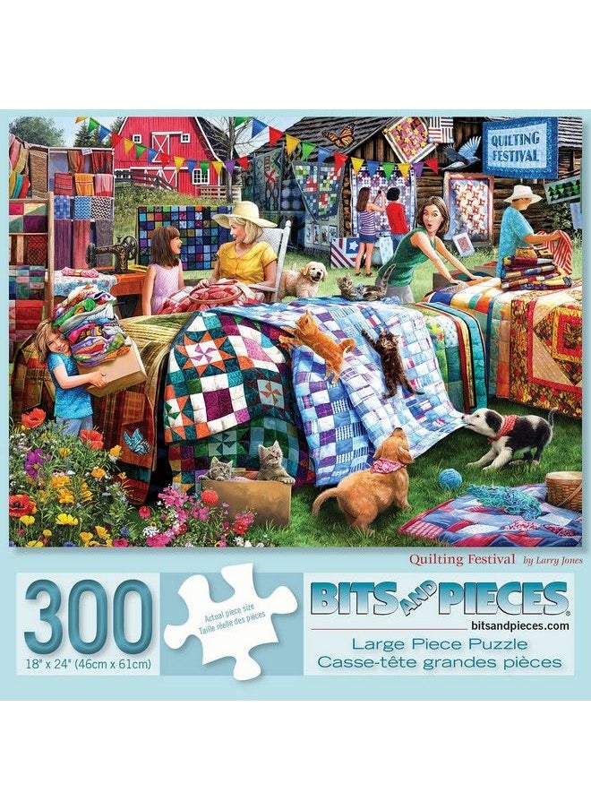 Bits and Pieces 300 Piece Jigsaw Puzzle For Adults 18" X 24" Quilting Festival 300 Pc Farm Cat Dog Kitten Puppy Family Quilt Blanket Flower Country Jigsaw By Artist Larry Jones  - Image 3