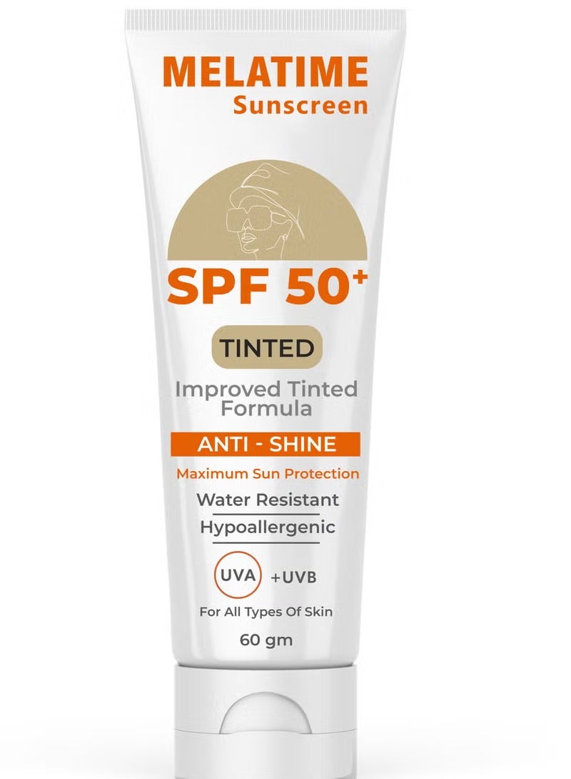 MELATIME Tinted Sunscreen SPF 50+ – Maximum Sun Protection – Water Resistant – Anti-Shine Formula – Hypoallergenic – For All Skin Types – 60g