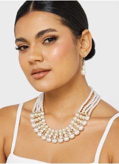 4 Layer Pearl Diamante Statement Necklace & Earrings Set