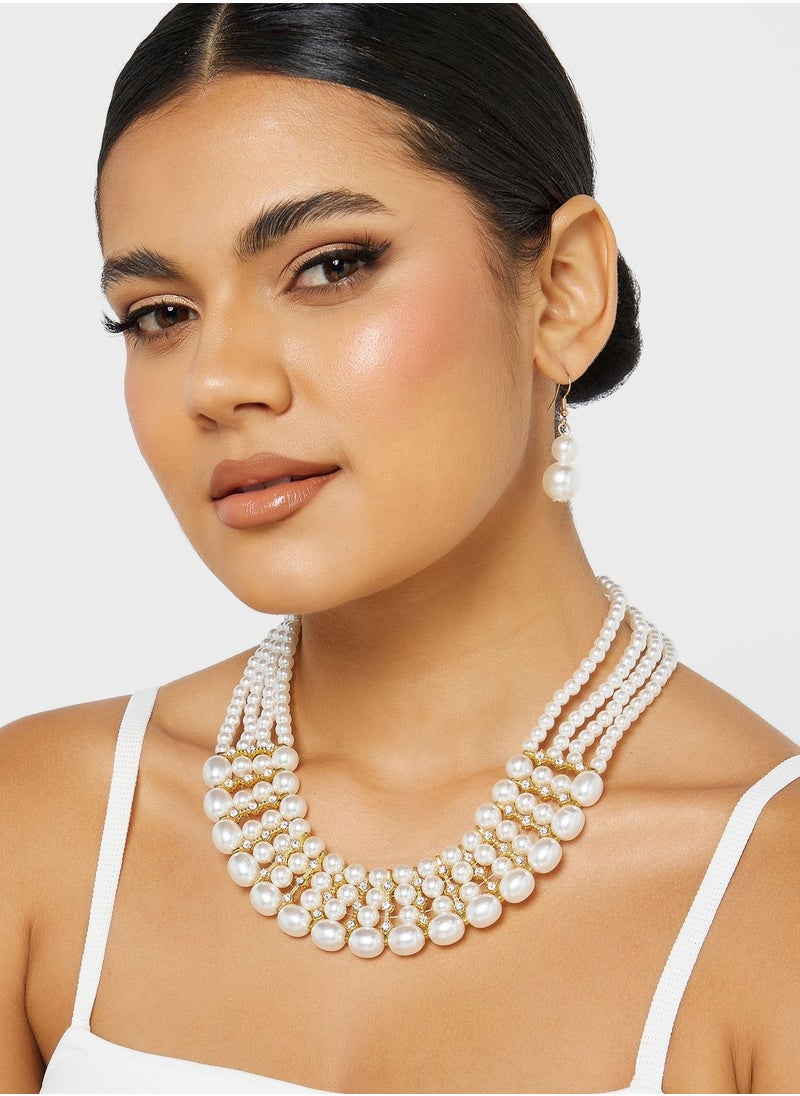 Khizana - 4 Layer Pearl Diamante Statement Necklace & Earrings Set - Image 1