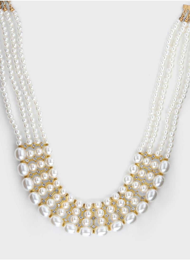 Khizana - 4 Layer Pearl Diamante Statement Necklace & Earrings Set - Image 1
