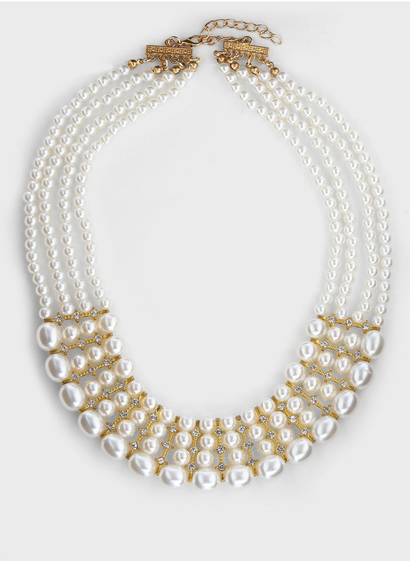 Khizana - 4 Layer Pearl Diamante Statement Necklace & Earrings Set - Image 1