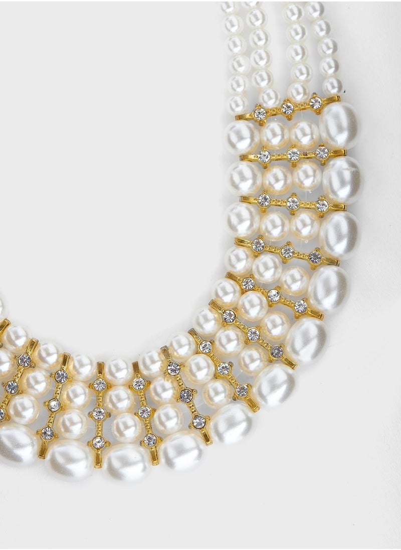 Khizana - 4 Layer Pearl Diamante Statement Necklace & Earrings Set - Image 1