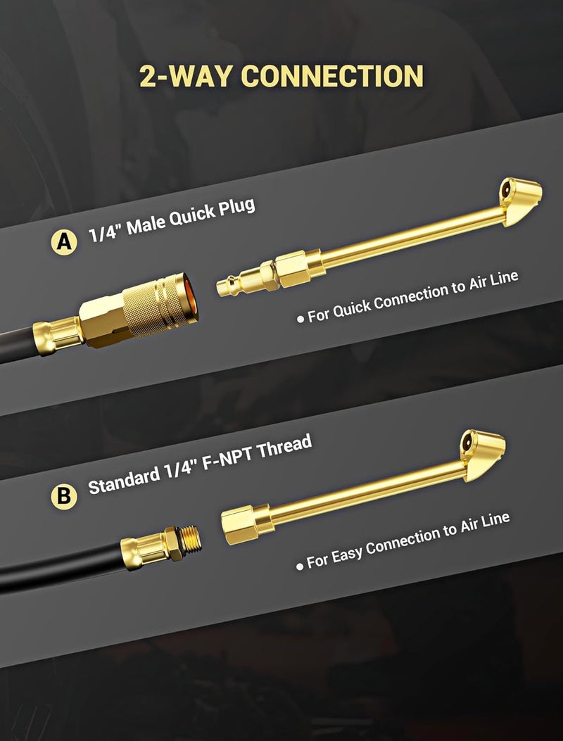 LUMITECO 2 Way Connection Air Chuck Set - 1/4 Inch Female NPT Closed Ball Heavy Duty Dual Head and Standard Male Quick Plug Tire Air Fill Kit - Image 4