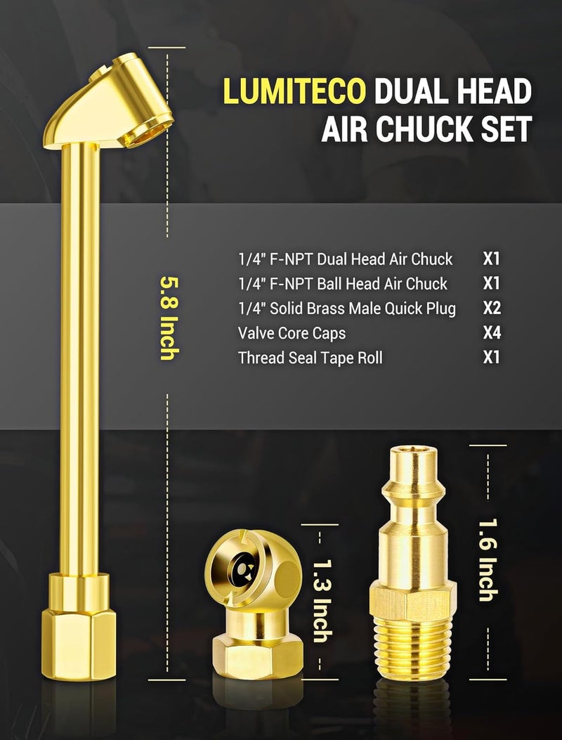 LUMITECO 2 Way Connection Air Chuck Set - 1/4 Inch Female NPT Closed Ball Heavy Duty Dual Head and Standard Male Quick Plug Tire Air Fill Kit - Image 2
