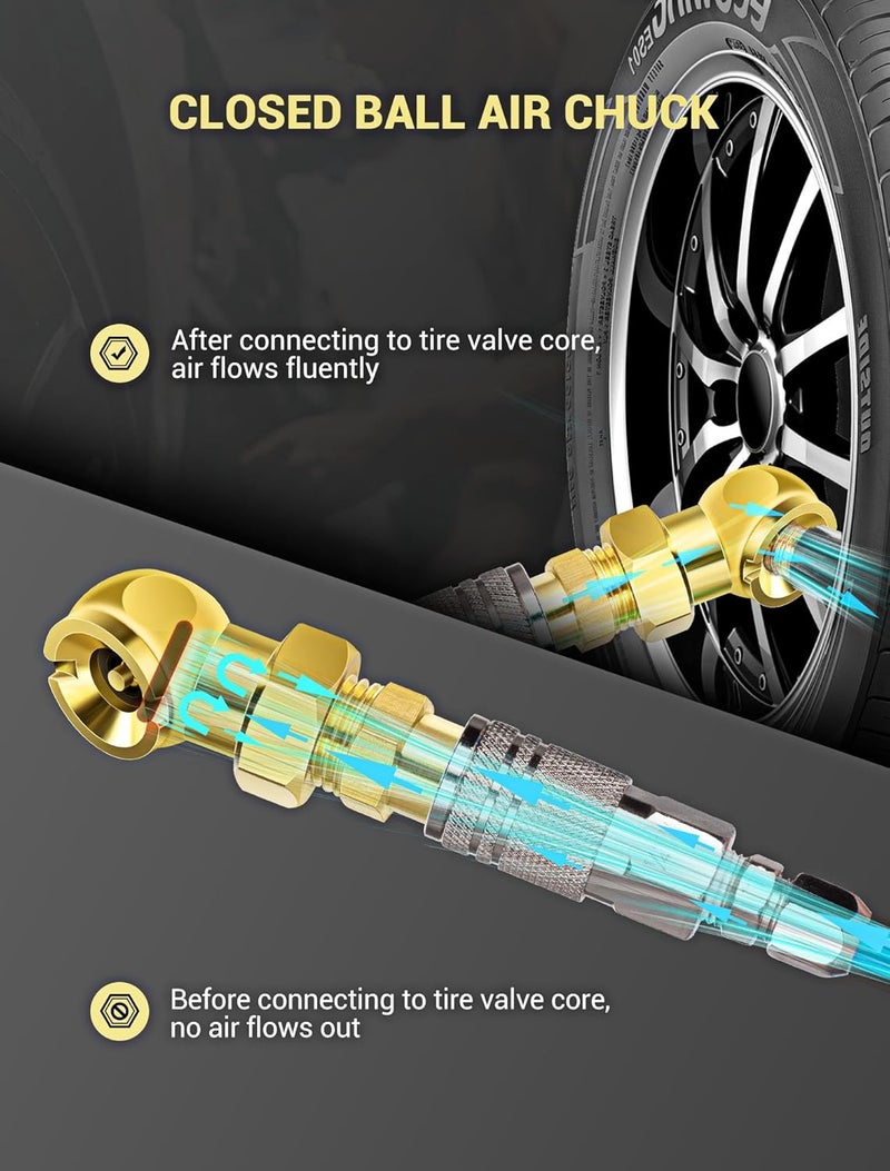 LUMITECO 2 Way Connection Air Chuck Set - 1/4 Inch Female NPT Closed Ball Heavy Duty Dual Head and Standard Male Quick Plug Tire Air Fill Kit - Image 5
