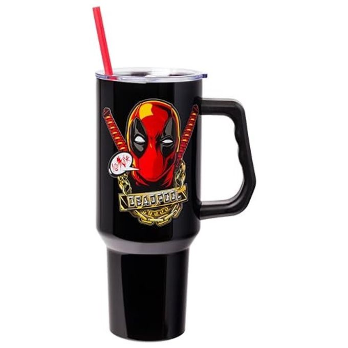 Silver Buffalo Marvel Deadpool Stainless Steel Tumbler with Handle and Straw, Fits in Standard Cup Holder, 40 Ounces