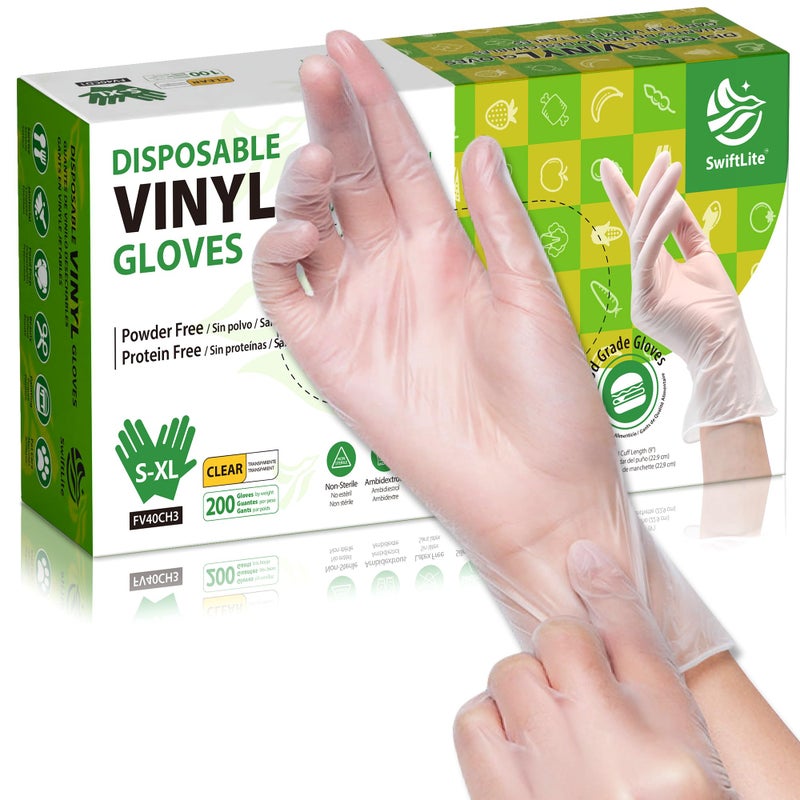 SWIFTLITE Disposable Vinyl Gloves Food Safe LatexFree PowderFree Clear Plastic Gloves for Cooking House Clean Food Prep 200 Medium