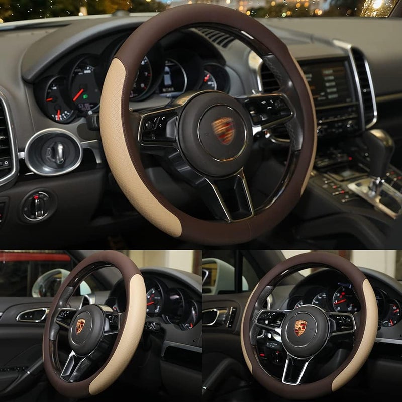 VARGTR Steering Wheel Cover, Microfiber Leather Splicing with Classic Embossing,Contrasting Colors Anti-Slip Breathable Auto Car Steering Wheel Cover Fit 15 Inch Car Wheel Protector (Coffee&Beige) - Image 3