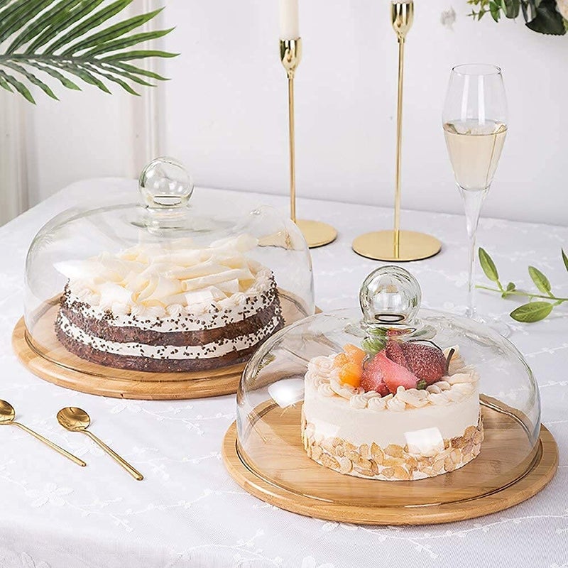 LOMESH Round MDFPlywood Cake Stand with Acrylic DomeCloche Serving Cake Plate with Dome Lid Serving Platter Tray Dessert Stand Glass Dome with MDF Base for Home Kitchen Baking - Image 2