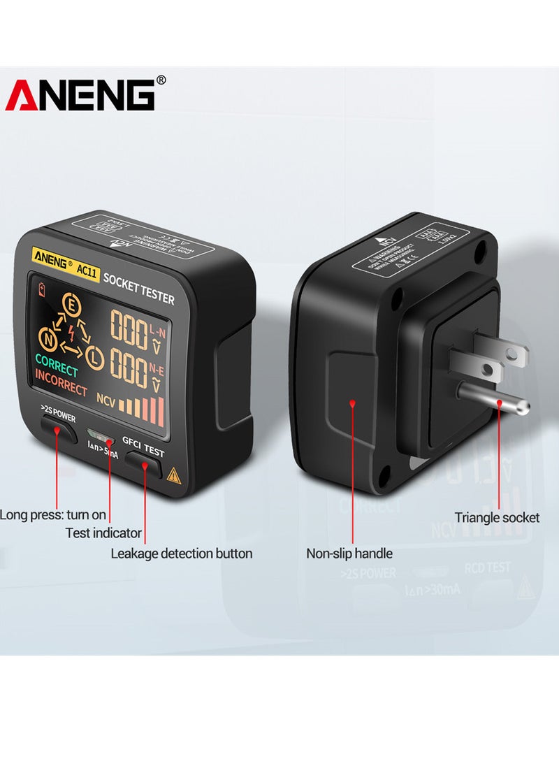 ANENG AC11 Socket Tester Electric Leakage Detector LCD Display Ground Wire Zero Line Live Wire Phase Multifunctional Electrical Electroscope RCD NCV Electric Tester Circuit Polarity Detector