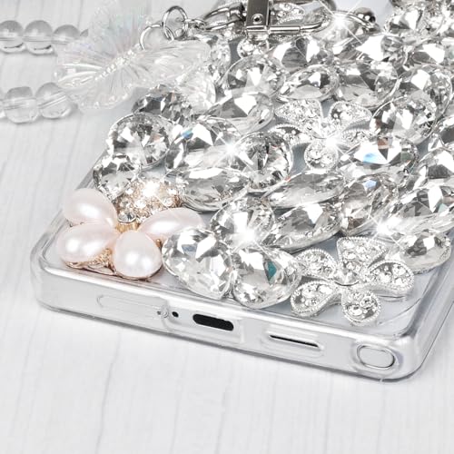 Omio Compatible with Samsung Galaxy S25 Ultra Bling Case with Hand Chain Strap Cute Butterfly Bracelet 3D Handmade Sparkle Glitter Crystal Bling Diamond Hard PC Phone Case for Women Girls White - Image 5