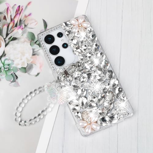 Omio Compatible with Samsung Galaxy S25 Ultra Bling Case with Hand Chain Strap Cute Butterfly Bracelet 3D Handmade Sparkle Glitter Crystal Bling Diamond Hard PC Phone Case for Women Girls White - Image 3