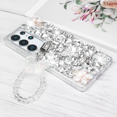 Omio Compatible with Samsung Galaxy S25 Ultra Bling Case with Hand Chain Strap Cute Butterfly Bracelet 3D Handmade Sparkle Glitter Crystal Bling Diamond Hard PC Phone Case for Women Girls White - Image 4