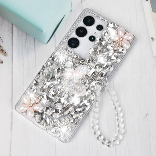 Omio Compatible with Samsung Galaxy S25 Ultra Bling Case with Hand Chain Strap Cute Butterfly Bracelet 3D Handmade Sparkle Glitter Crystal Bling Diamond Hard PC Phone Case for Women Girls White - Image 2