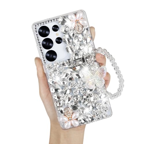 Omio Compatible with Samsung Galaxy S25 Ultra Bling Case with Hand Chain Strap Cute Butterfly Bracelet 3D Handmade Sparkle Glitter Crystal Bling Diamond Hard PC Phone Case for Women Girls White - Image 1