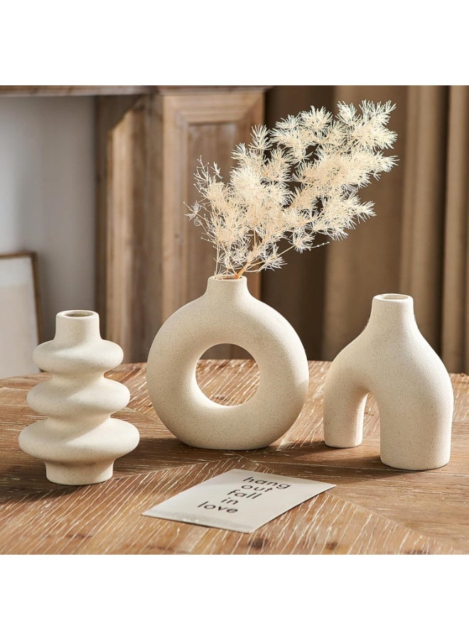 كيلا مجموعة مزهريات سيراميك بيضاء من 3 قطع، مزهريات بوهو عصرية للديكور المنزلي، مزهريات زهور صغيرة لعشب البامباس، مزهريات بيضاء مستديرة، قطع مركزية لحفلات الزفاف، رف طاولة قهوة، غرفة معيشة، غرفة نوم، مدخل - Image 1