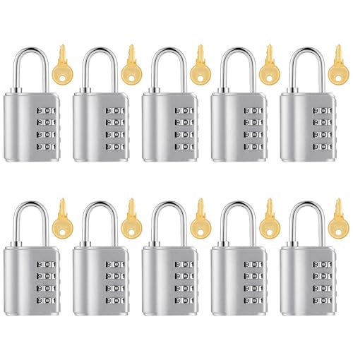 Kenning 10 Pcs Combination Padlock 4 Digit Combination Lock with Keys Locker Resetable Security Outdoor Waterproof Gate Lock for School Sports Gym Locker Employee Fence Case Silver - Image 1