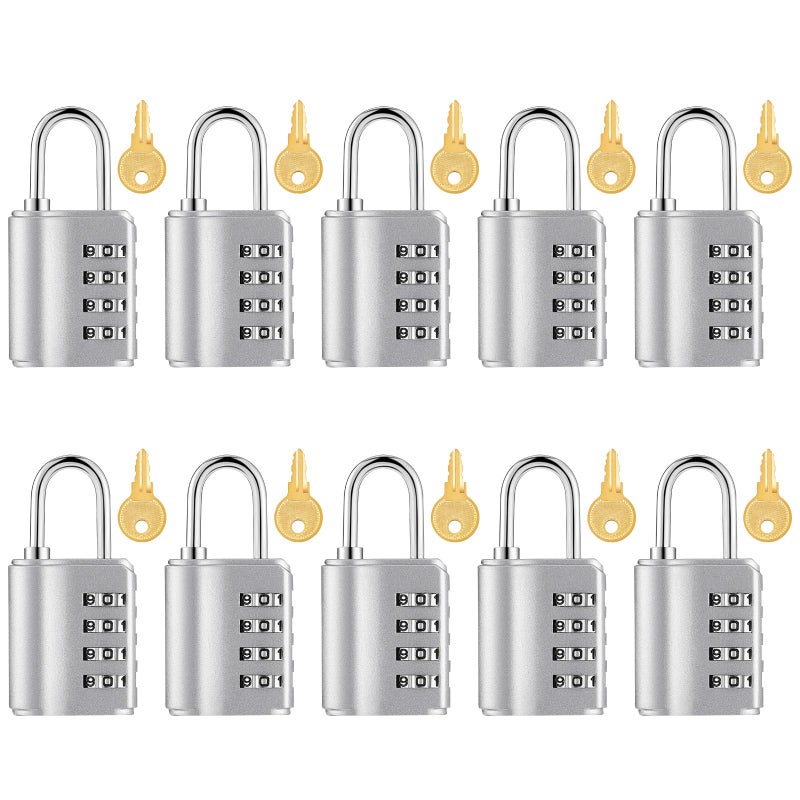 Kenning 10 Pcs Combination Padlock 4 Digit Combination Lock with Keys Locker Resetable Security Outdoor Waterproof Gate Lock for School Sports Gym Locker Employee Fence Case Silver - Image 2
