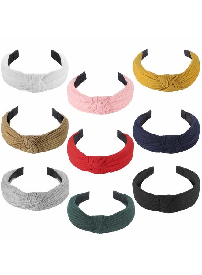 Funtopia Knotted Headbands for Women Girls, 9 Pcs Wide Plain Turban Headband Fashion Cross Knot Hair Bands with Solid Colors - Image 1
