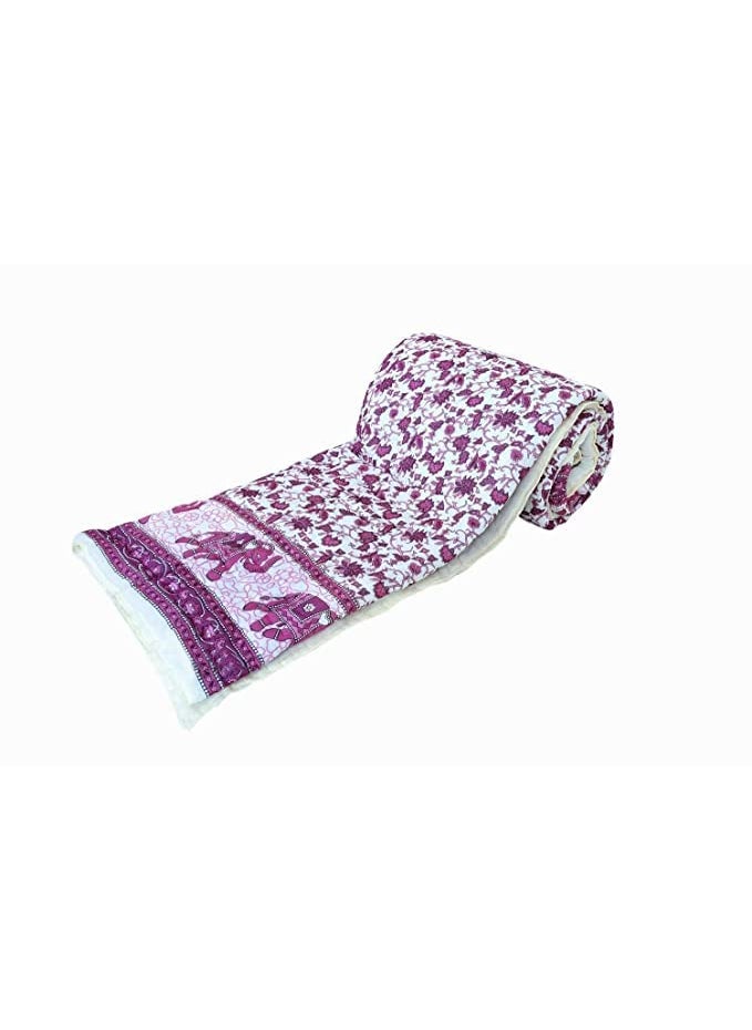 THROW KING THROW KING Rajasthani Hand Made Pure Cotton Floral and Elephant Desing Soft Light Weight Sinlge Bed Jaipuri razaiQuiltBlanketThrowMaroon  - Image 1