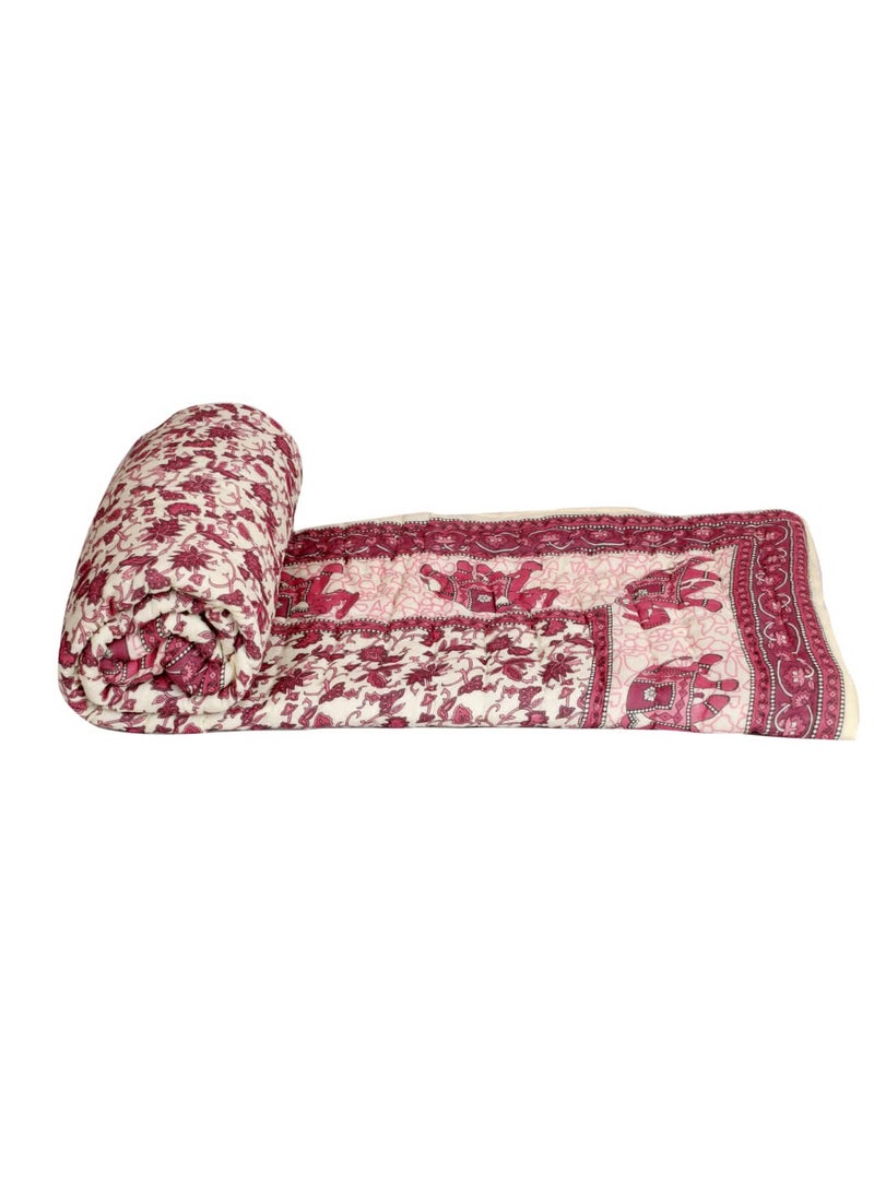 THROW KING THROW KING Rajasthani Hand Made Pure Cotton Floral and Elephant Desing Soft Light Weight Sinlge Bed Jaipuri razaiQuiltBlanketThrowMaroon  - Image 5