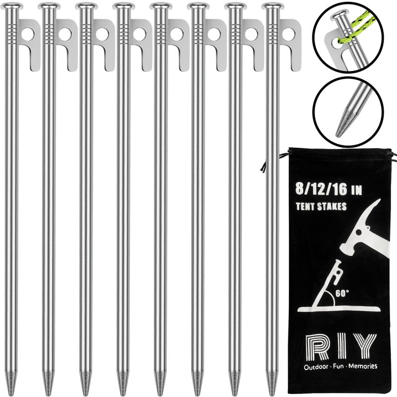 RIY 8 Pack Tent Stakes Heavy Duty 12 inch Steel Tent Pegs for Camping Unbreakable and Inflexible-Silver - Image 1